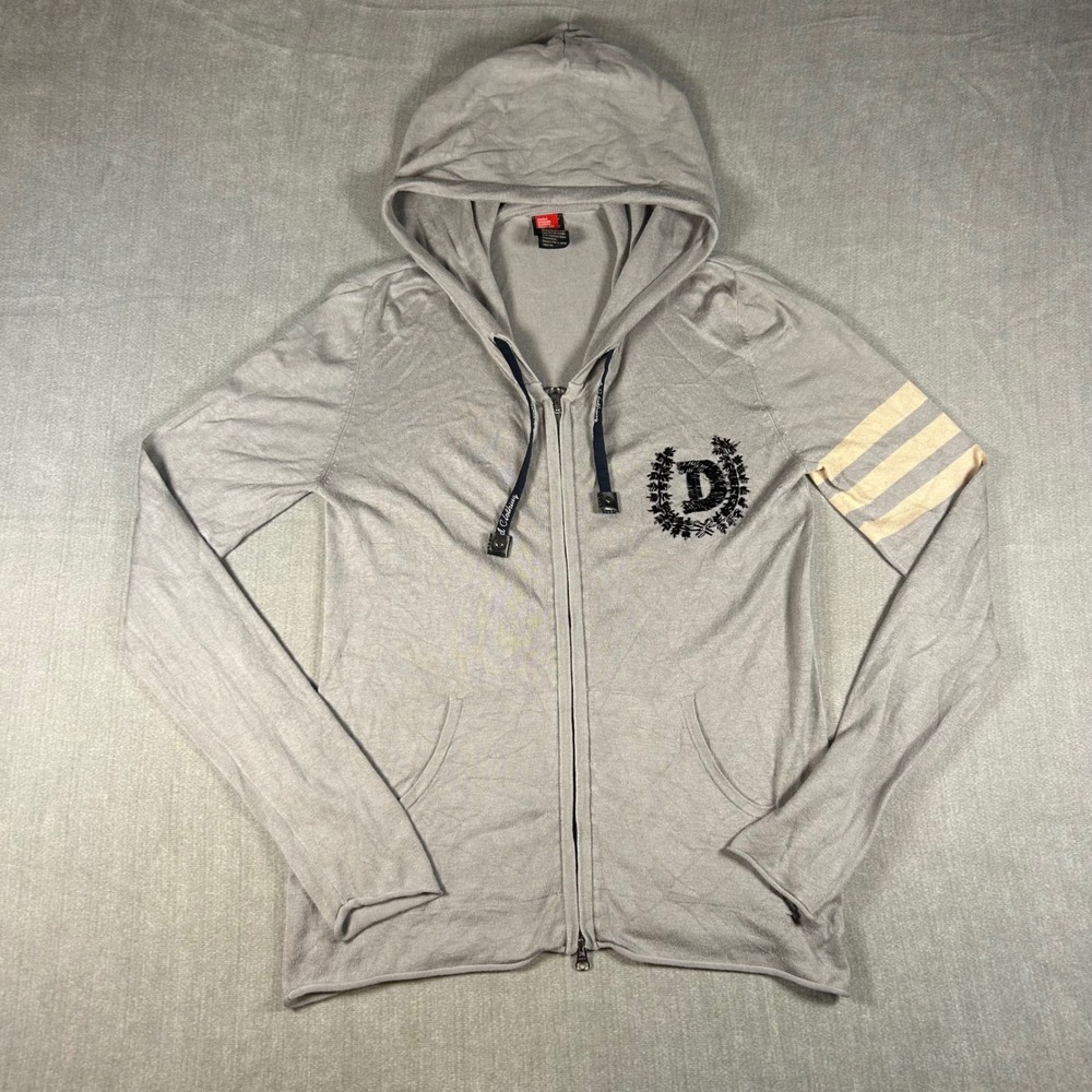 Double Standard Clothing Women Gray Full Zip Hooded Sweater Beaded Crest Sz L